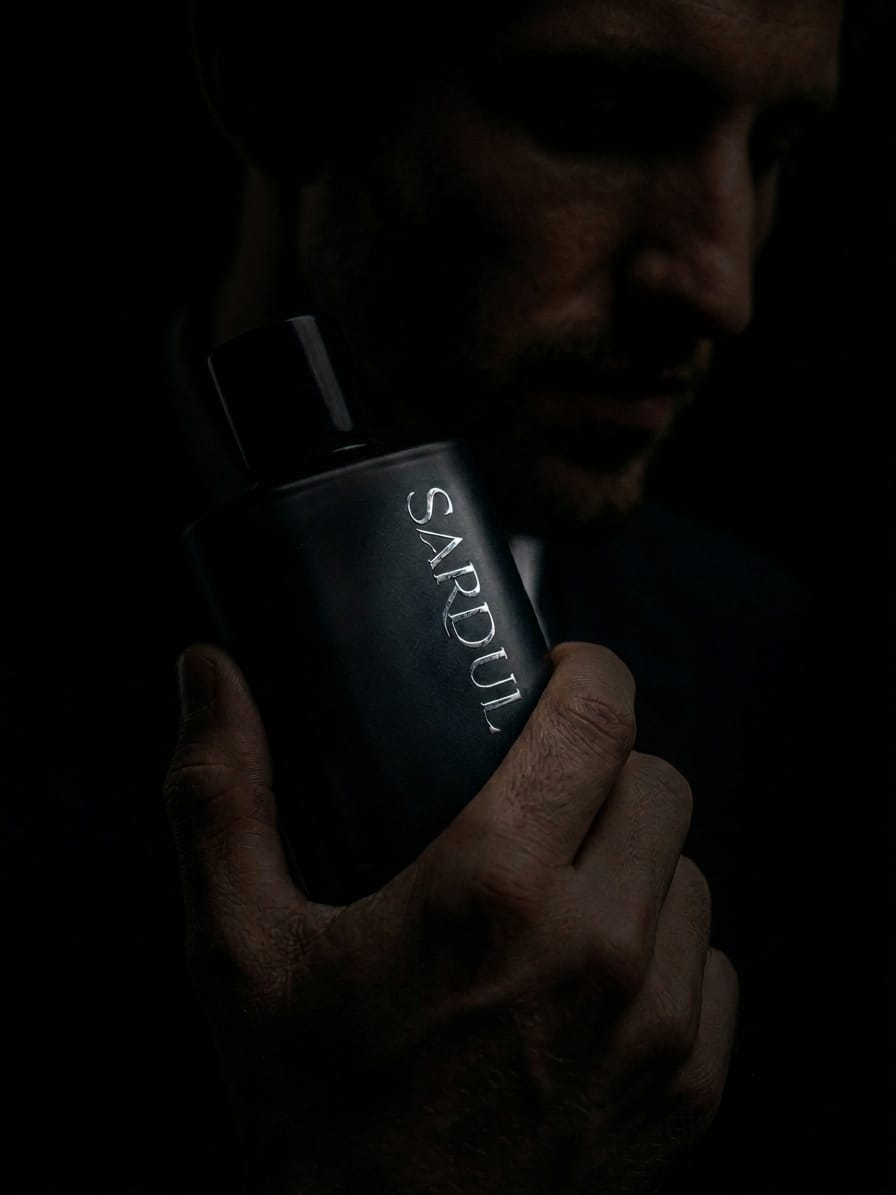 Man holding a black Sardul fragrance bottle