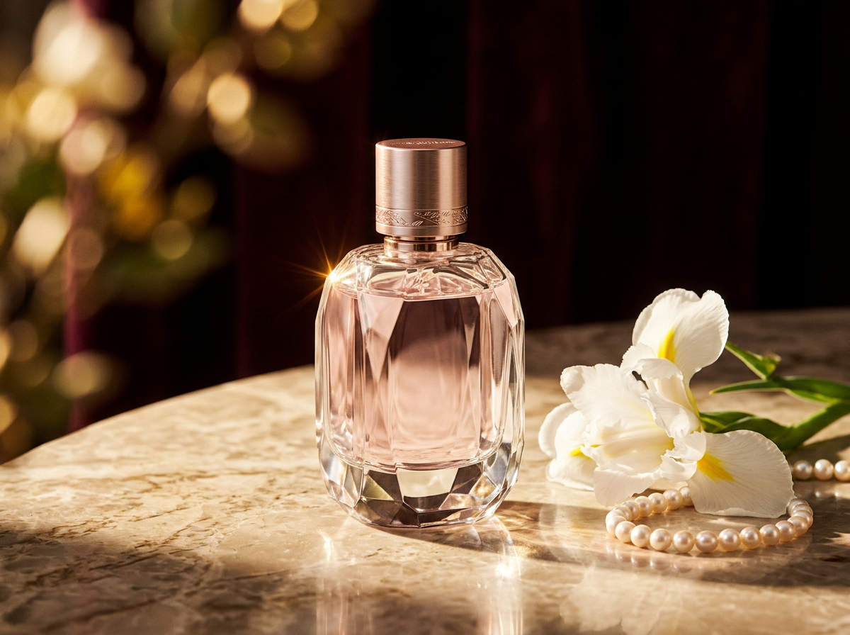 Crystal perfume bottle on linen with iris and vetiver in soft daylight